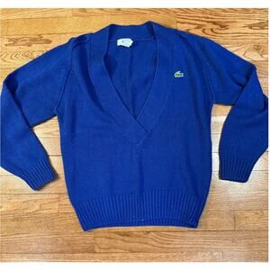 Vintage Izod Lacoste Blue V Neck Sweater Ramie Cotton M